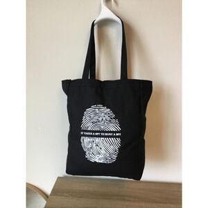 Black Canvas Tote with White Fingerprint Graphic "IT TAKES A SPY TO HUNT A SPY"